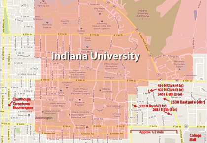 Map showing Downtown, IU Campus, and our 5 properties